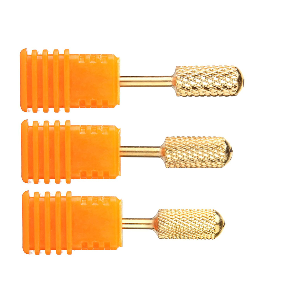 Drei orangefarbene Nagelfräser mit goldenen Spitzen.