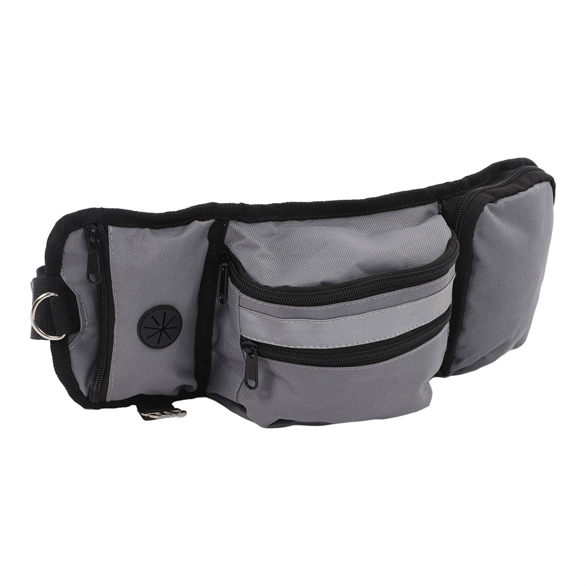 Graue Hüfttasche mit mehreren Taschen und reflektierenden Streifen. Schwarze Reißverschlüsse und eine schwarze Schnalle.