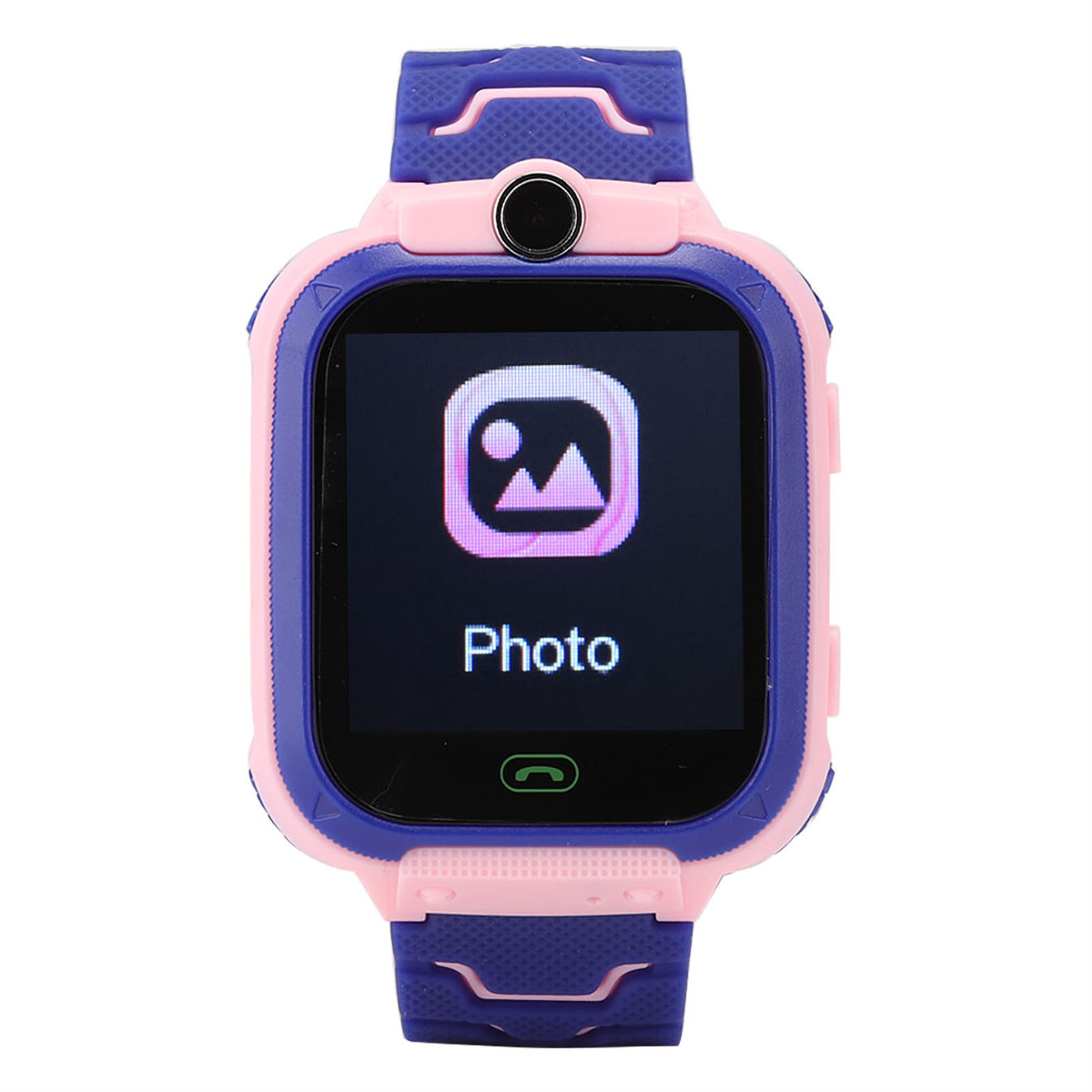Rosa und blaue Smartwatch mit schwarzem Bildschirm, der ein Foto-Symbol und das Wort 'Foto' zeigt.