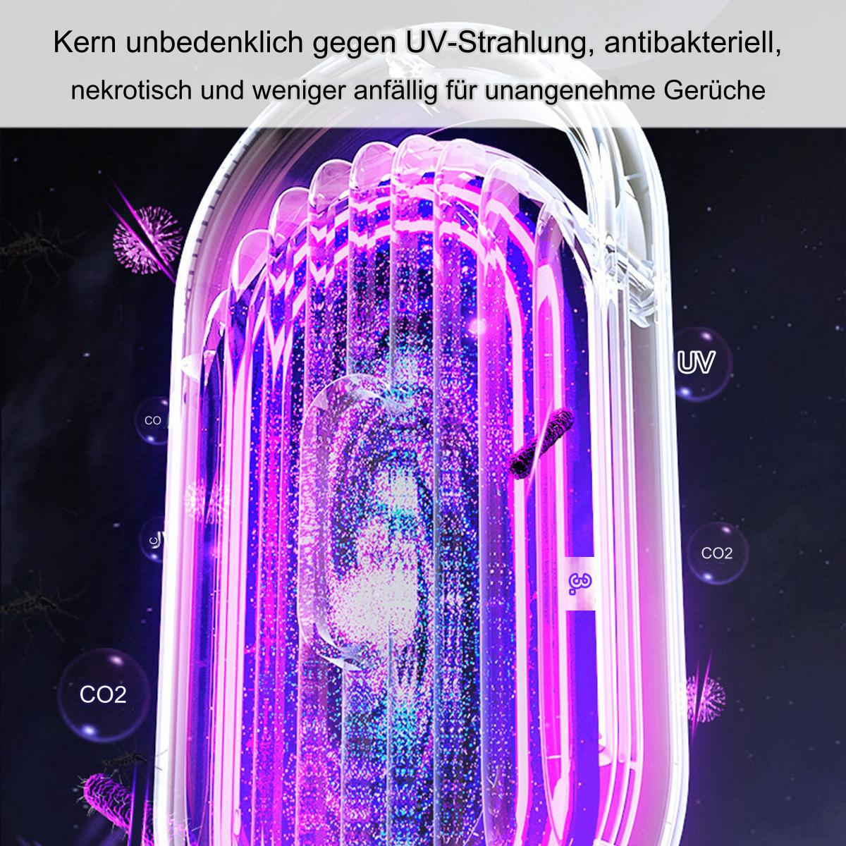 Nahaufnahme eines UV-Lichtsterilisators mit violettem Schein. CO2-Symbole im Hintergrund.