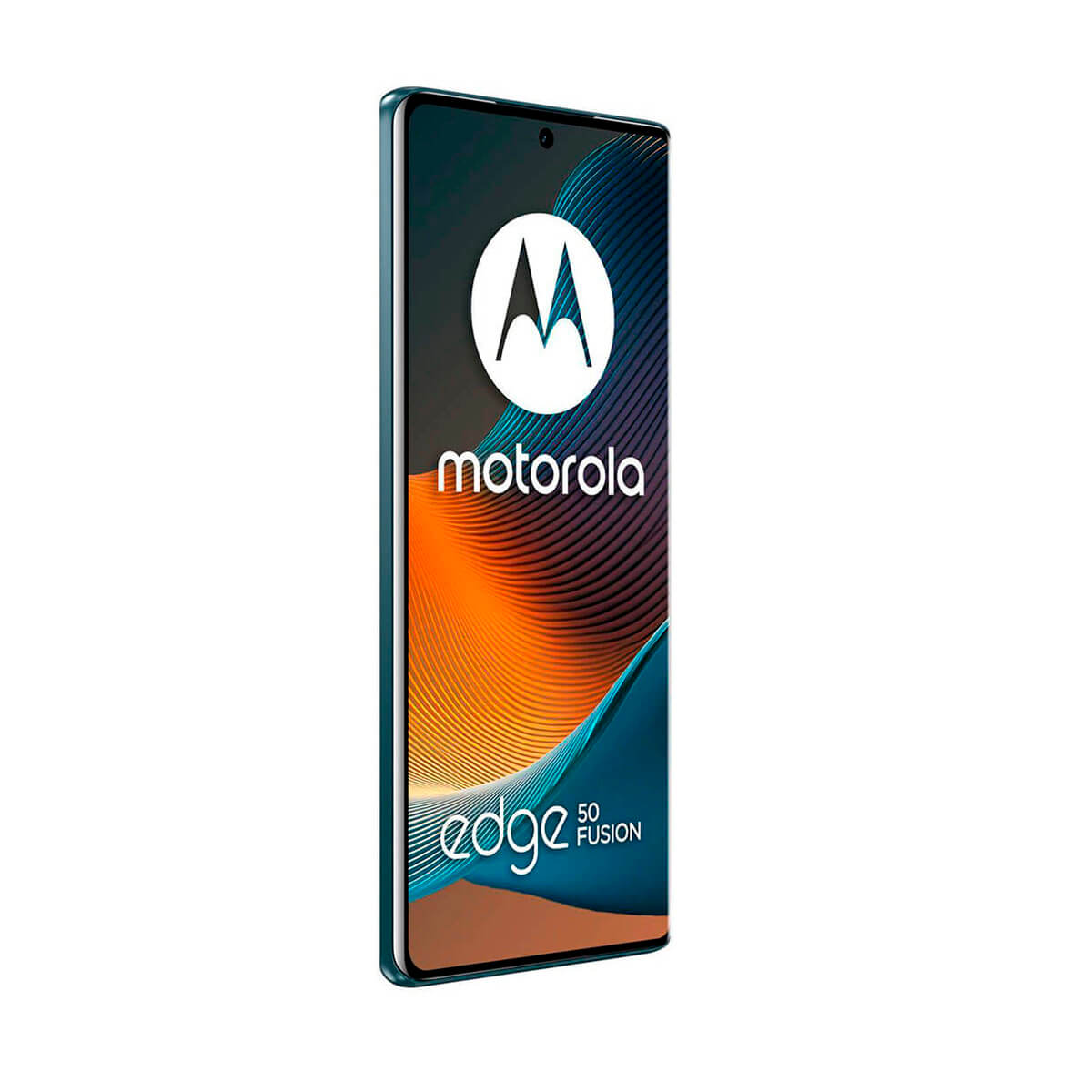 Turkusowy smartfon Motorola Edge 50 Fusion. Ekran wyświetla logo marki i grafikę.