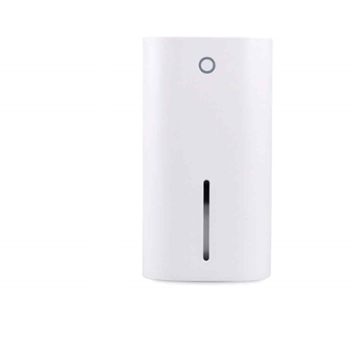 Weißes Smart-Home-Gerät mit einem Loch und einer Linie. Das Gerät befindet sich auf weißem Hintergrund.