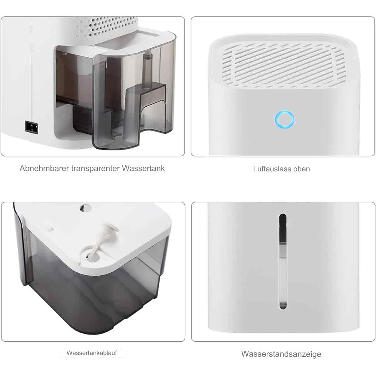 Vier Bilder mit Details eines weißen Luftentfeuchters: Wassertank, Luftauslass, Wasserablauf, Wasserstandsanzeige.