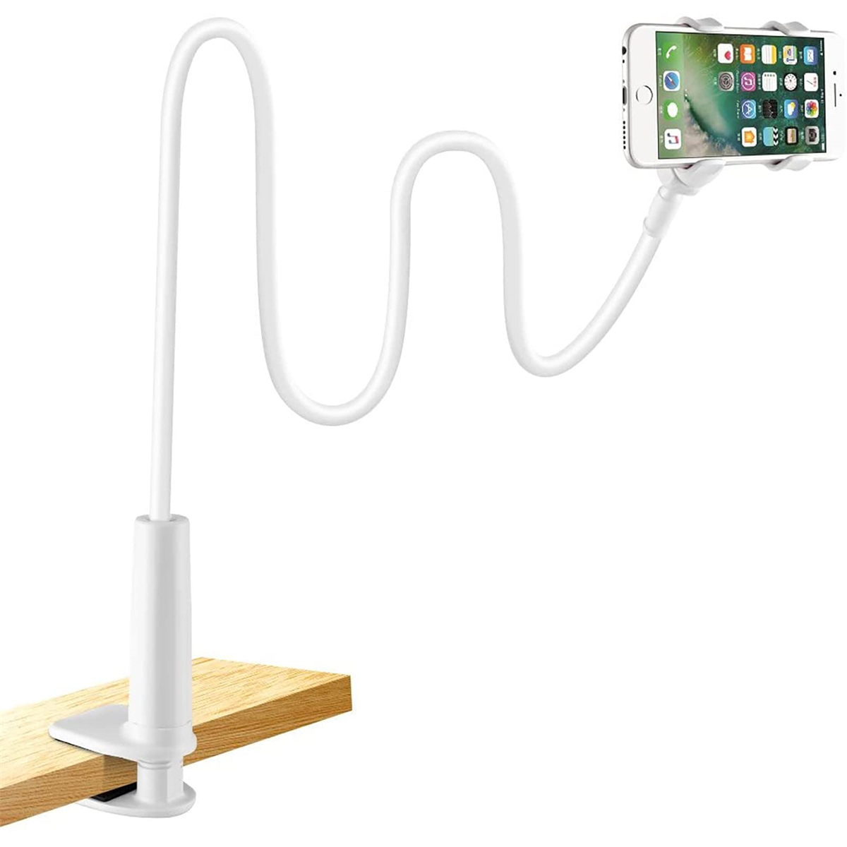 Weißer Telefonhalter. Flexibler, gebogener Arm mit Klemme zur Telefonbefestigung.