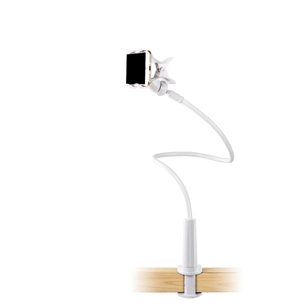 Weißer Telefonhalter mit flexiblem Arm. Ein Telefon ist auf dem Halter auf einer Holzoberfläche montiert.