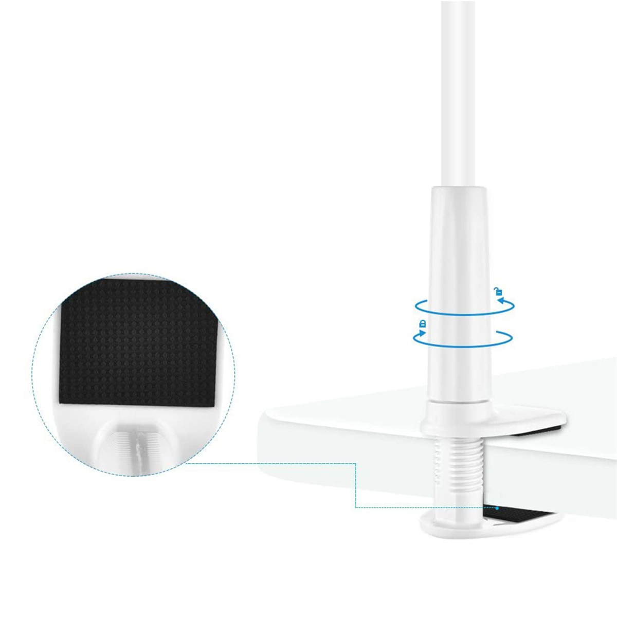 Weißer, verstellbarer Schreibtischhalter mit schwarzem Pad, Nahaufnahme der Schraube.