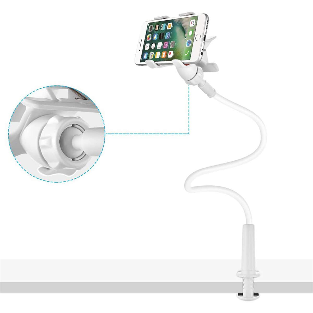 Ein weißer Telefonhalter mit flexiblem Arm, der ein Telefon hält.
