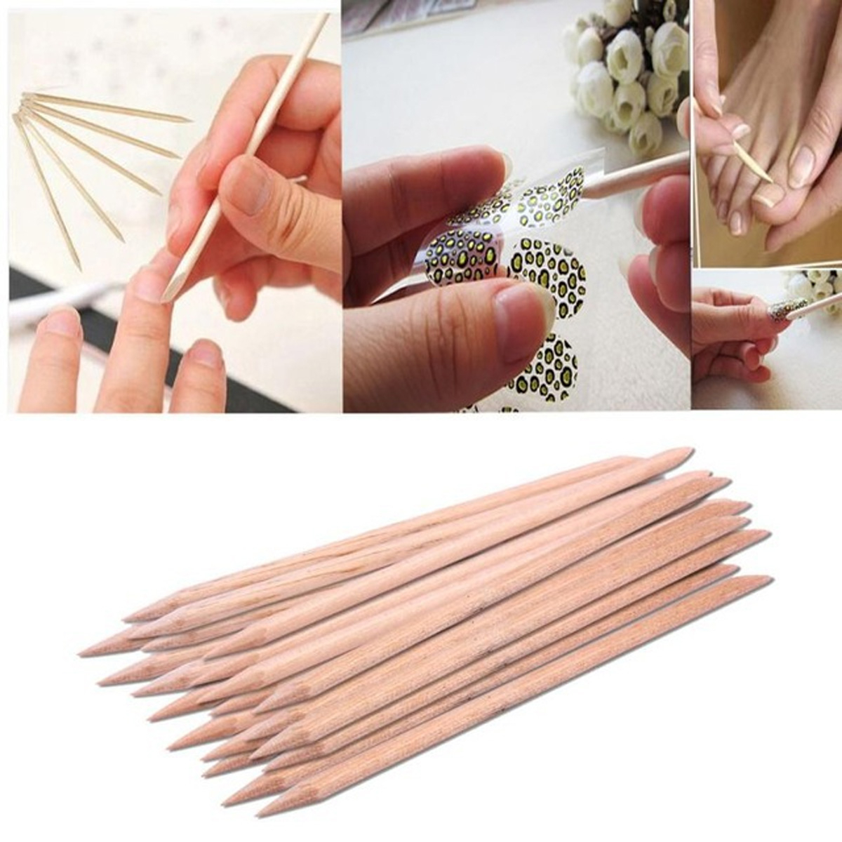 Holz-Nagelsticks werden auf Nägeln verwendet. Mehrere Bilder zeigen verschiedene Nagelpflegeschritte.