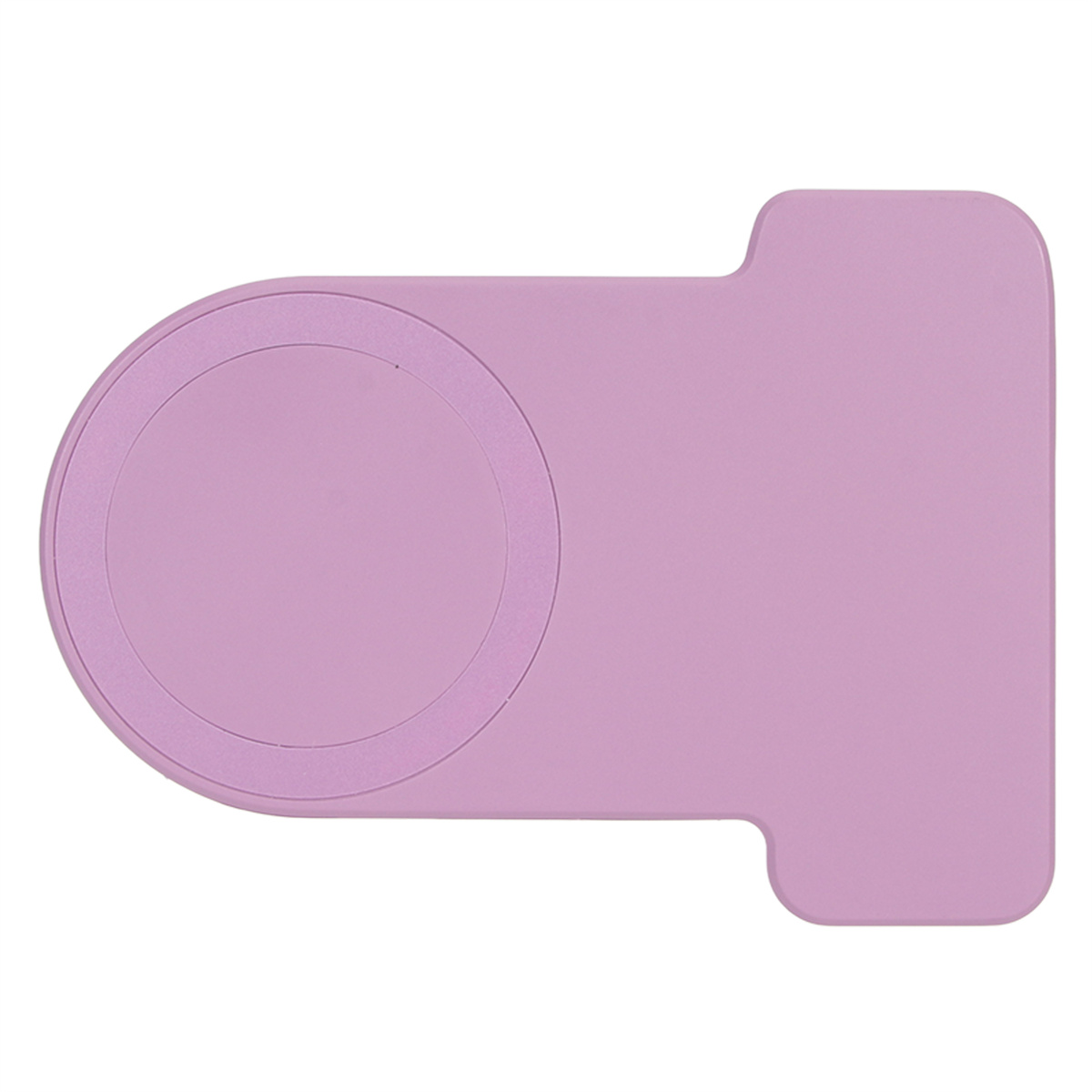Ein helllila Telefon-Lade Pad mit einem kreisförmigen Ladebereich und einem rechteckigen Sockel.