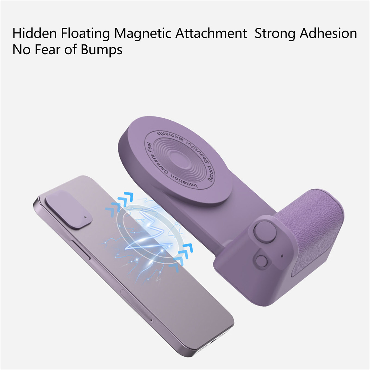 Lila Telefon mit magnetischem Halter, ein Telefon und ein Halter mit dem Text 'Camera Feel'.