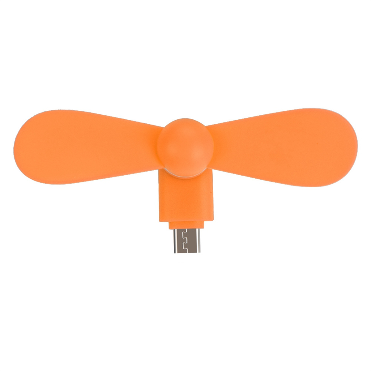 Orangener Mini-Ventilator mit Micro-USB-Anschluss auf weißem Hintergrund.