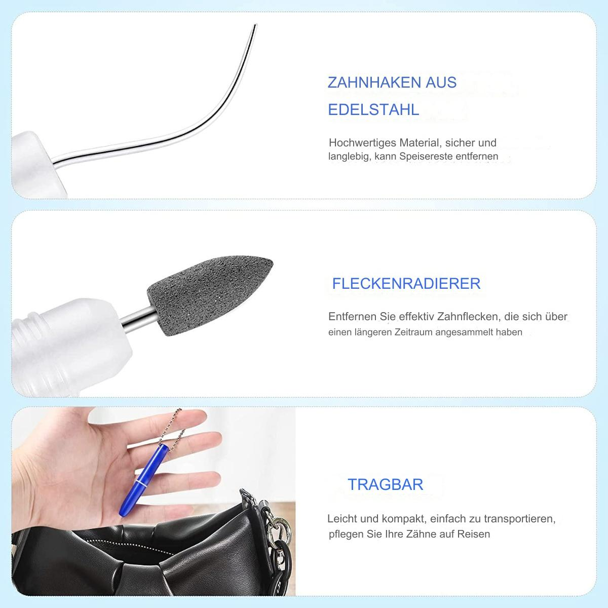 Nahaufnahmen von Zahnreinigungswerkzeugen mit Beschreibungen. Der Hintergrund ist weiß.