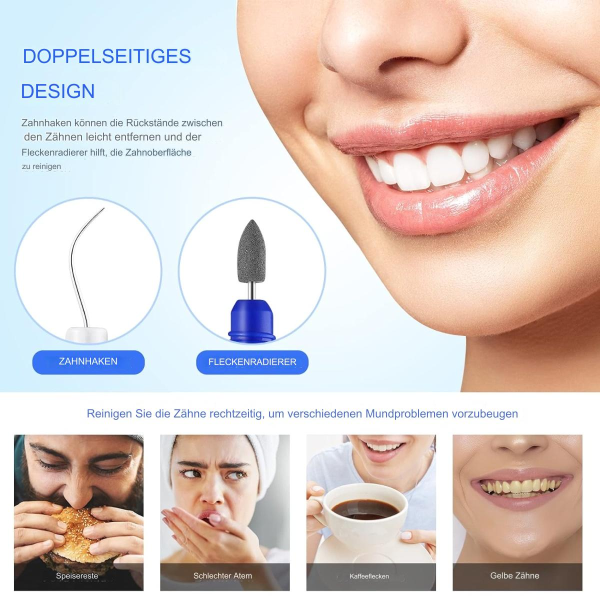 Bilder zeigen Dentalwerkzeuge und eine lächelnde Frau. Außerdem Bilder von Menschen mit Essen, Mundgeruch, Kaffeeflecken, gelben Zähnen.