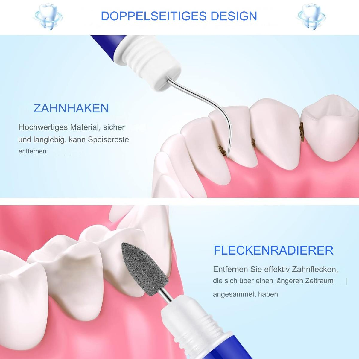Zahnreinigungswerkzeuge, die einen Zahnkratzer und einen Fleckenentferner zeigen.