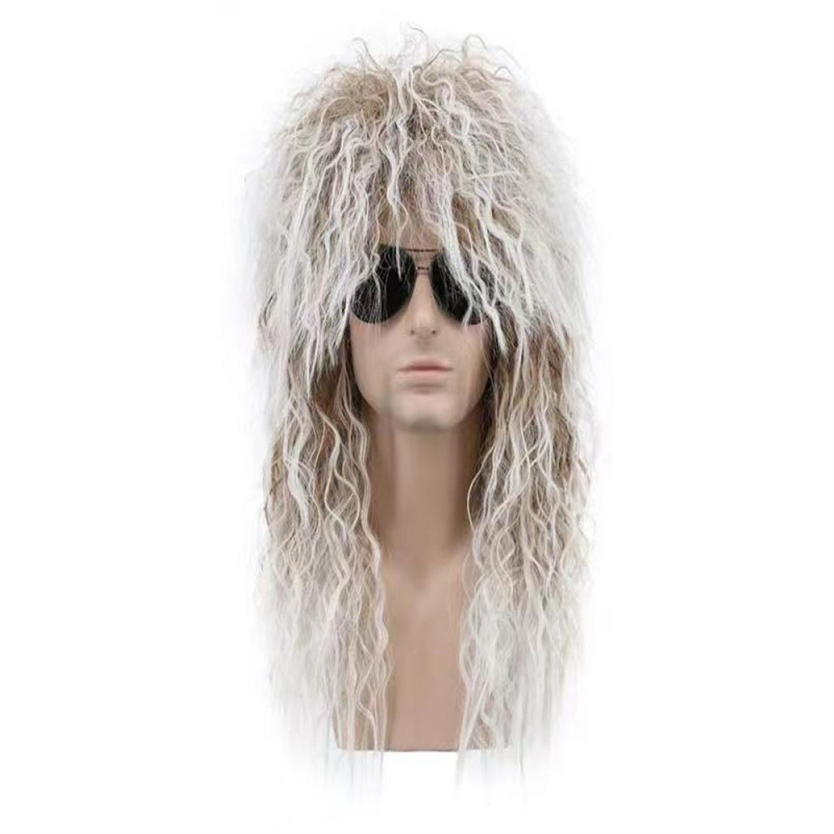 Ein Schaufensterpuppenkopf mit einer langen, welligen blonden Perücke und Sonnenbrille. Es ist vor weißem Hintergrund.