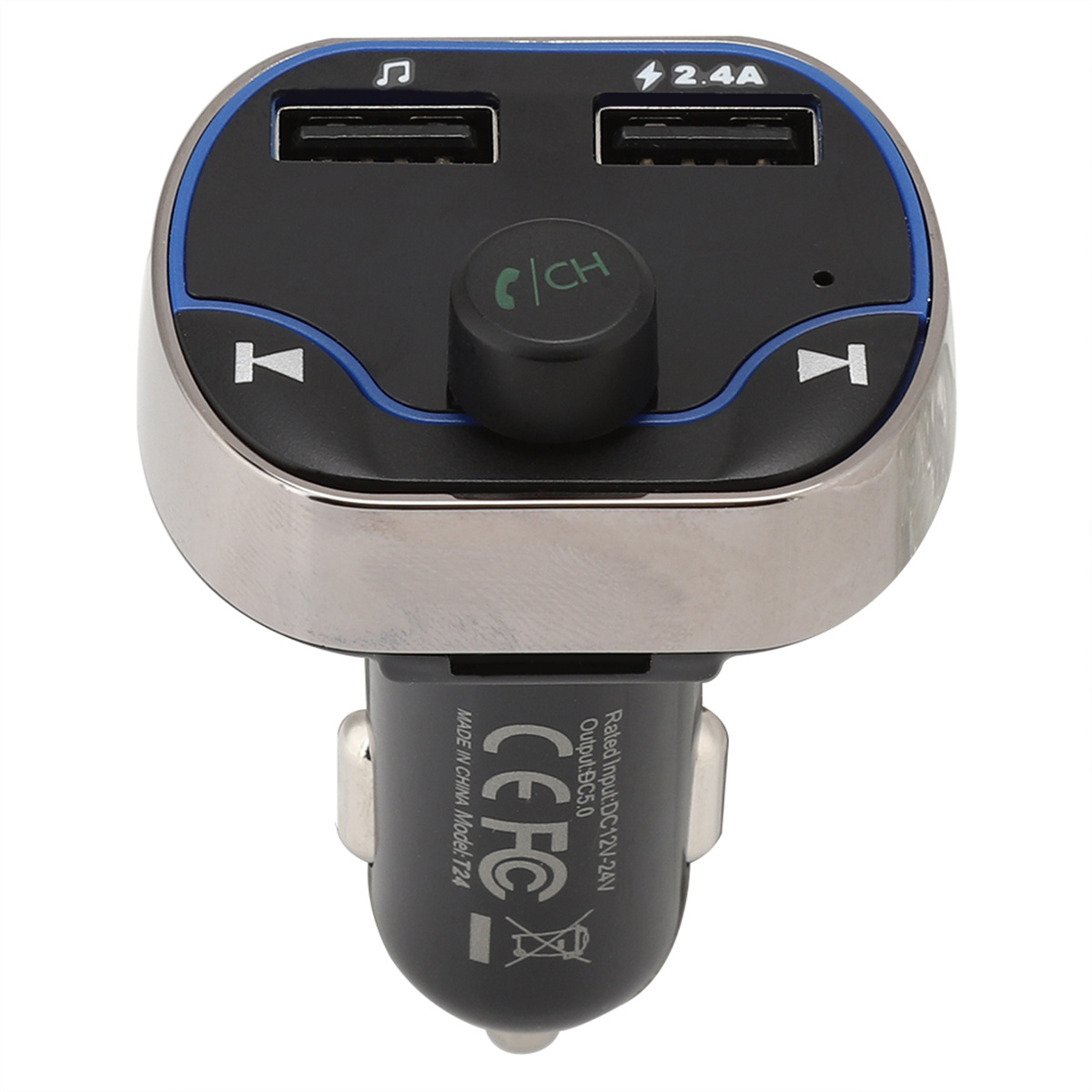 Autoladegerät mit USB-Anschlüssen. Das Ladegerät ist schwarz und silber, mit Tasten und einem Drehregler.
