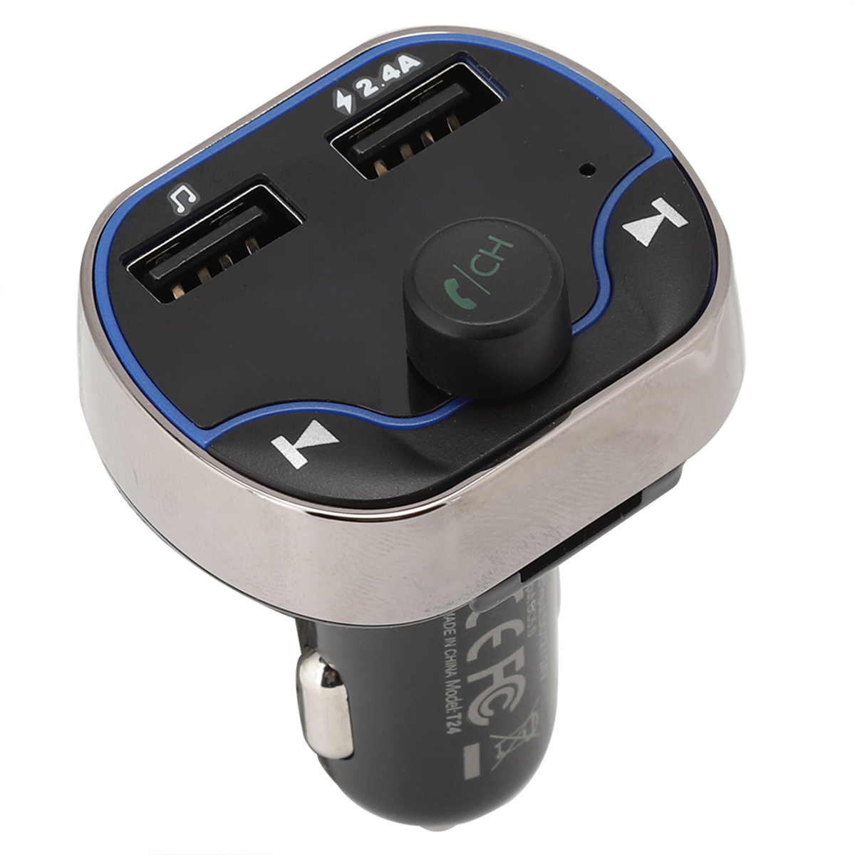 Ein schwarzes und silbernes Autoladegerät mit zwei USB-Anschlüssen und Bedienelementen. Blaue Akzente sind sichtbar.