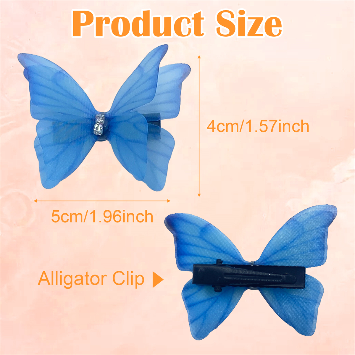 Blaue Schmetterlings-Haarspangen mit Krokodilklemmen, Produktgröße gezeigt.