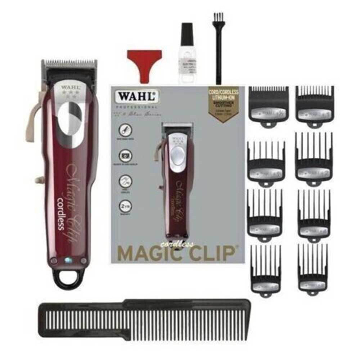 Ein Wahl Magic Clip kabelloses Haarschneide-Set, verschiedene Aufsätze und ein Kamm.