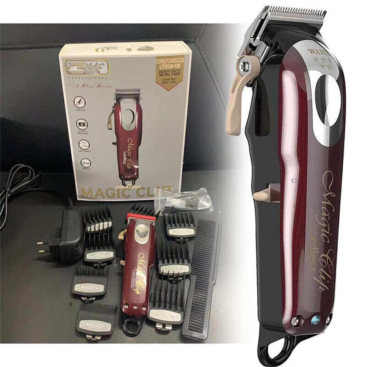 Wahl Haarschneider, Zubehör und Box auf schwarzer Oberfläche. Details zu Cordless und Magic Clip.