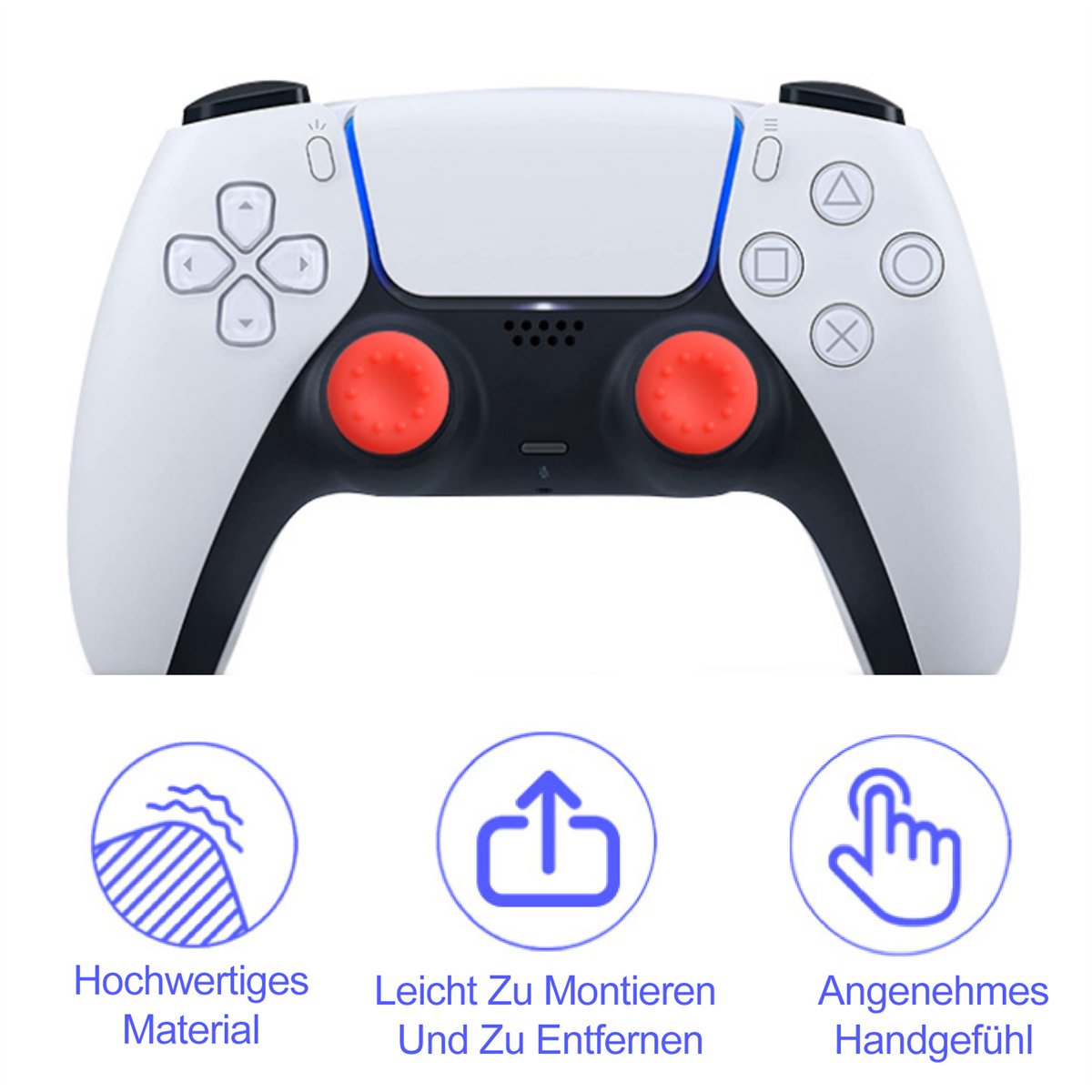 Weißer Playstation-Controller mit schwarzen Akzenten und roten Knöpfen. Text unten.