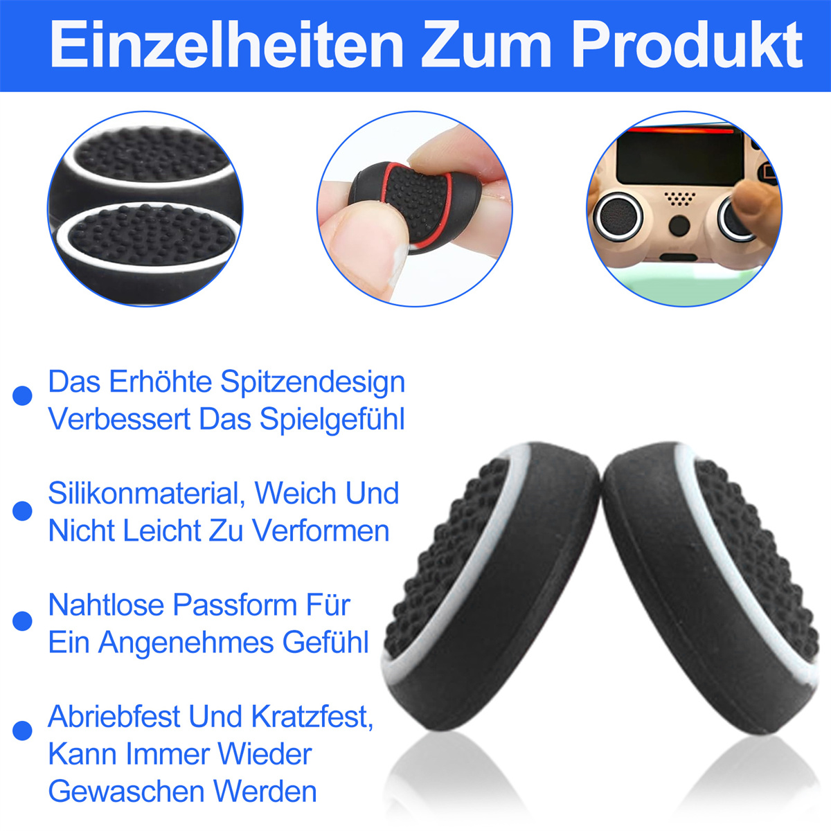 Zubehör für einen Gamecontroller. Zwei Griffe und ein Controller werden mit Designdetails gezeigt.