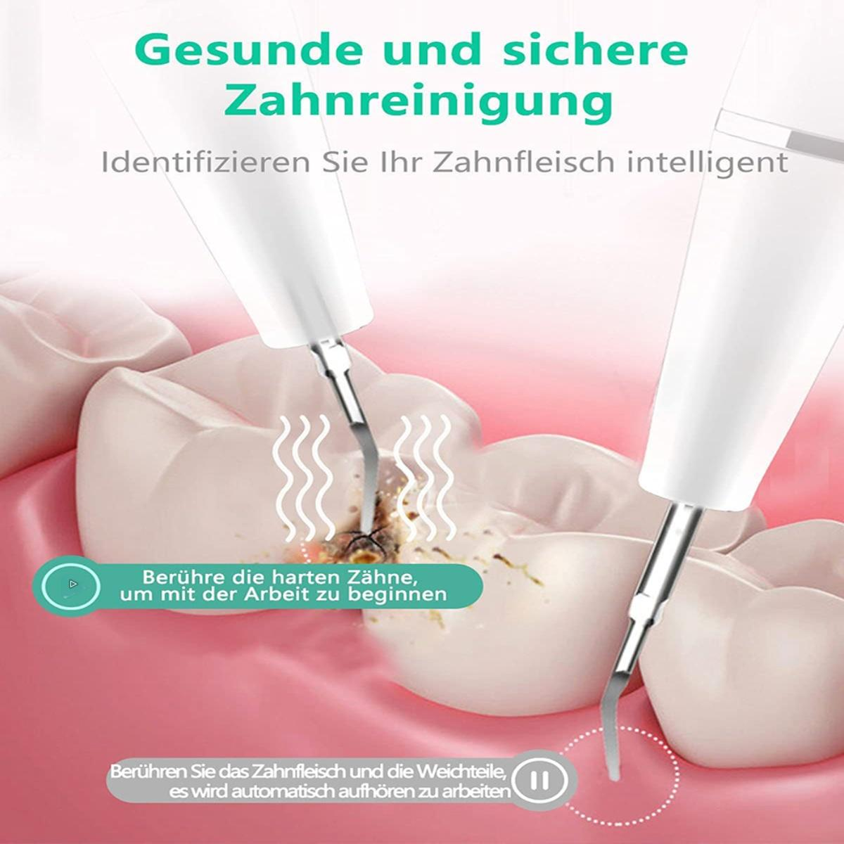 Zahnreinigungswerkzeuge. Nahaufnahme von Zähnen und Werkzeugen. Text auf Deutsch. Weißer Hintergrund.