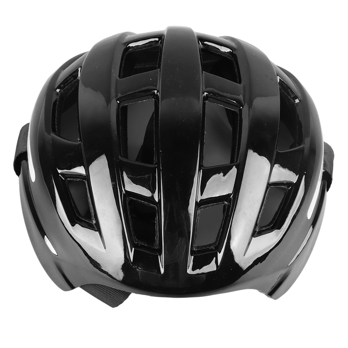 Schwarzer Fahrradhelm mit glänzender Oberfläche, Belüftungsöffnungen und Kinnriemen.