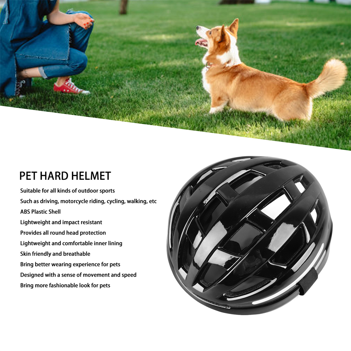 Ein schwarzer Helm für Haustiere mit Text zu seinen Merkmalen, eine kniende Person und ein Corgi-Hund auf Gras.