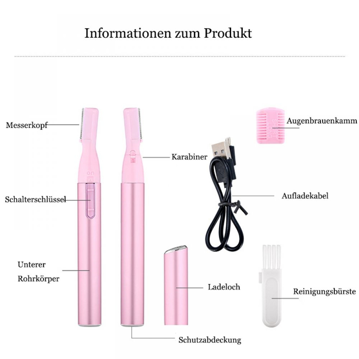 Rosa Haartrimmer mit Zubehör wie Ladegerät, Reinigungsbürste und Augenbrauenkamm.