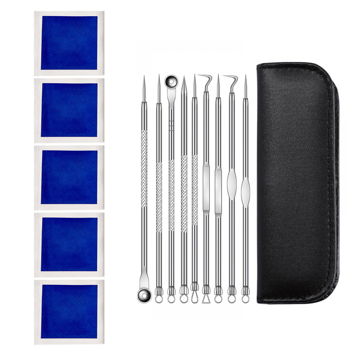 Set von Akne-Entfernungswerkzeugen und blauen Reinigungspads. Die Werkzeuge sind metallisch.