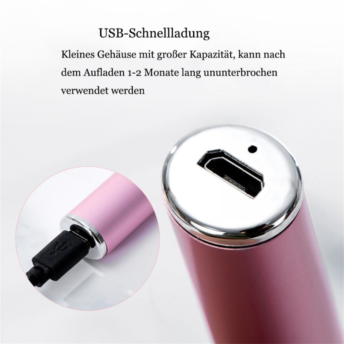 Ein kleines rosa Gerät mit USB-Anschluss. Text lautet USB-Schnellladung, mit Informationen auf Deutsch.