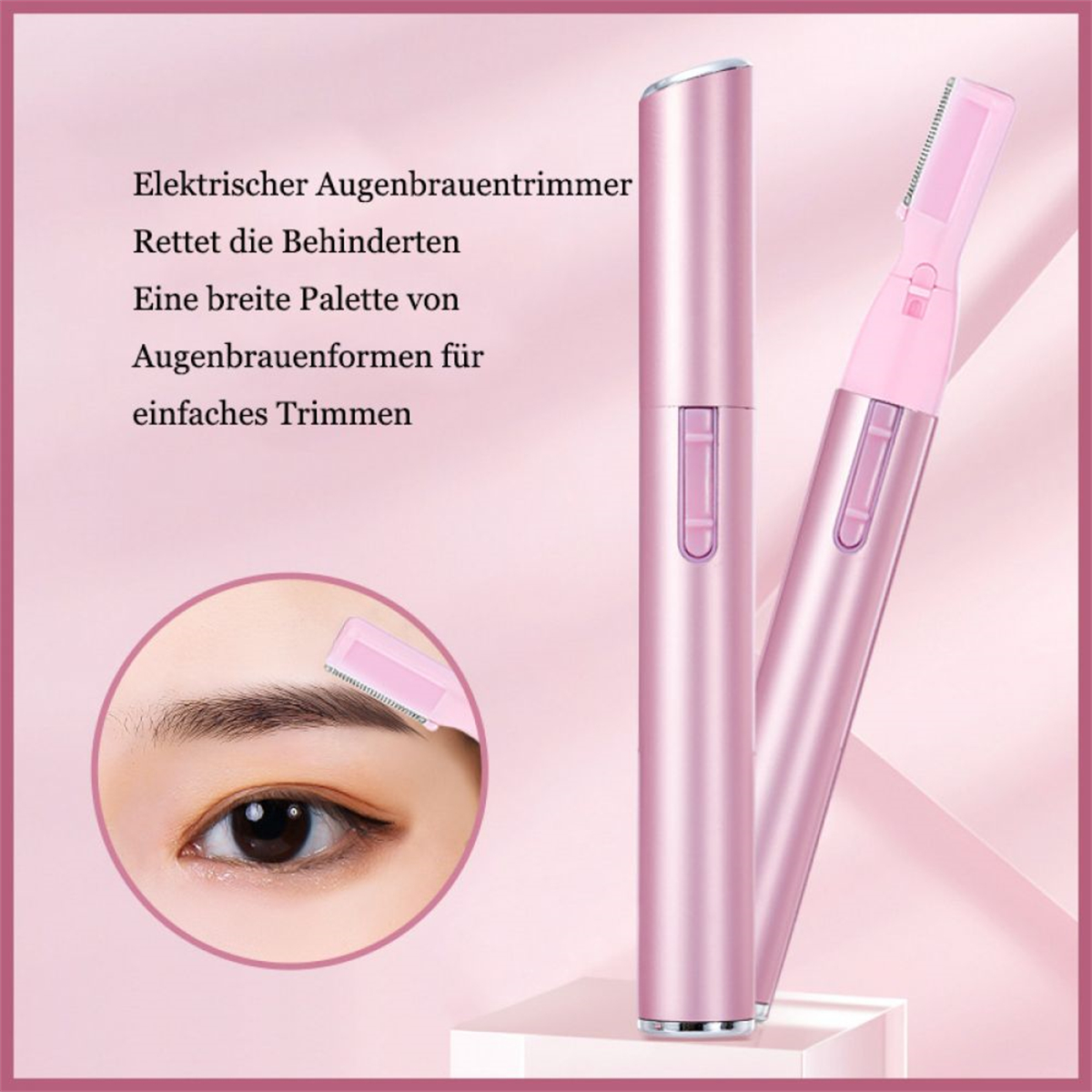 Zwei pinke Augenbrauentrimmer. Einer wird in der Nähe eines Auges benutzt. Text über das Produkt.