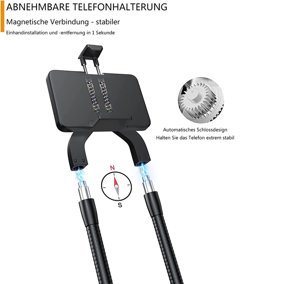 Ein schwarzer Telefonhalter mit flexiblem Arm und magnetischer Verbindung zu einer telefonförmigen Basis.