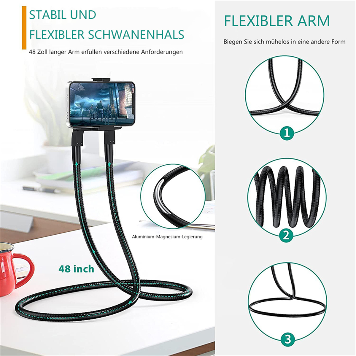Flexibler Telefonständer mit befestigtem Telefon, Diagramme zeigen Flexibilität.