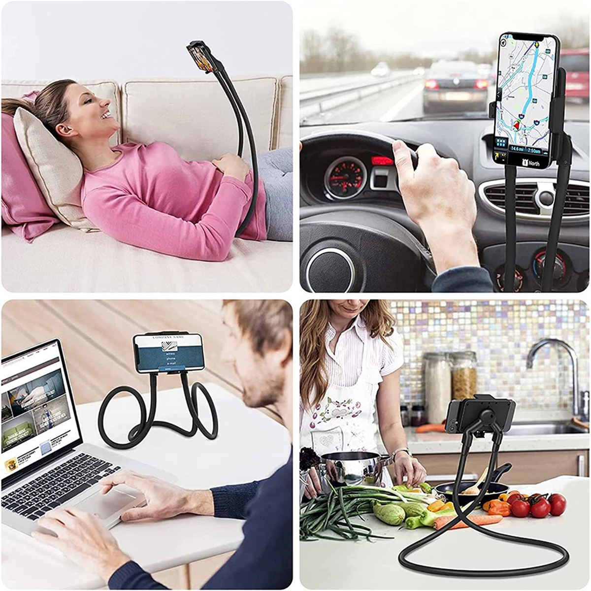 Collage, das die Telefonnutzung in verschiedenen Umgebungen mit einem flexiblen Ständer zeigt.