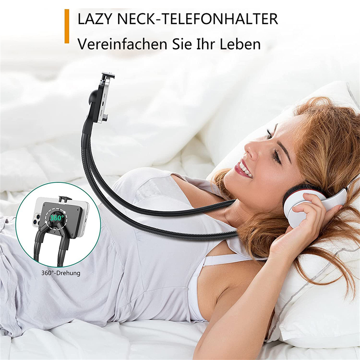 Eine Frau liegt auf einem Bett und benutzt einen Telefonständer mit Nackenstütze.