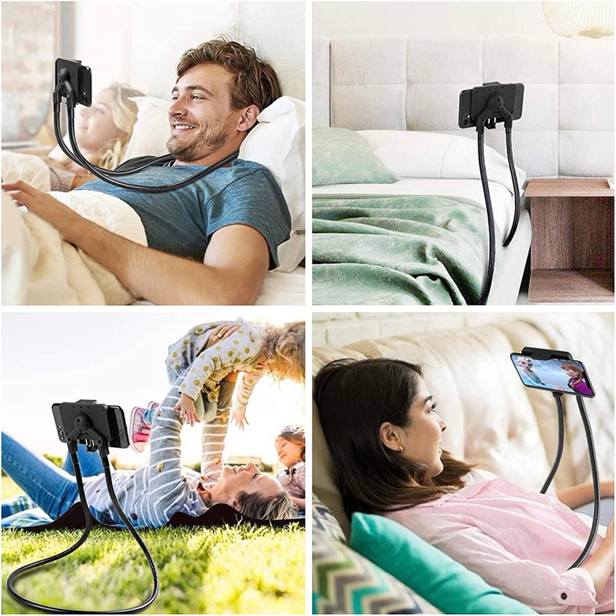 Vier Bilder von Personen, die einen Telefonhalter in verschiedenen Positionen verwenden.