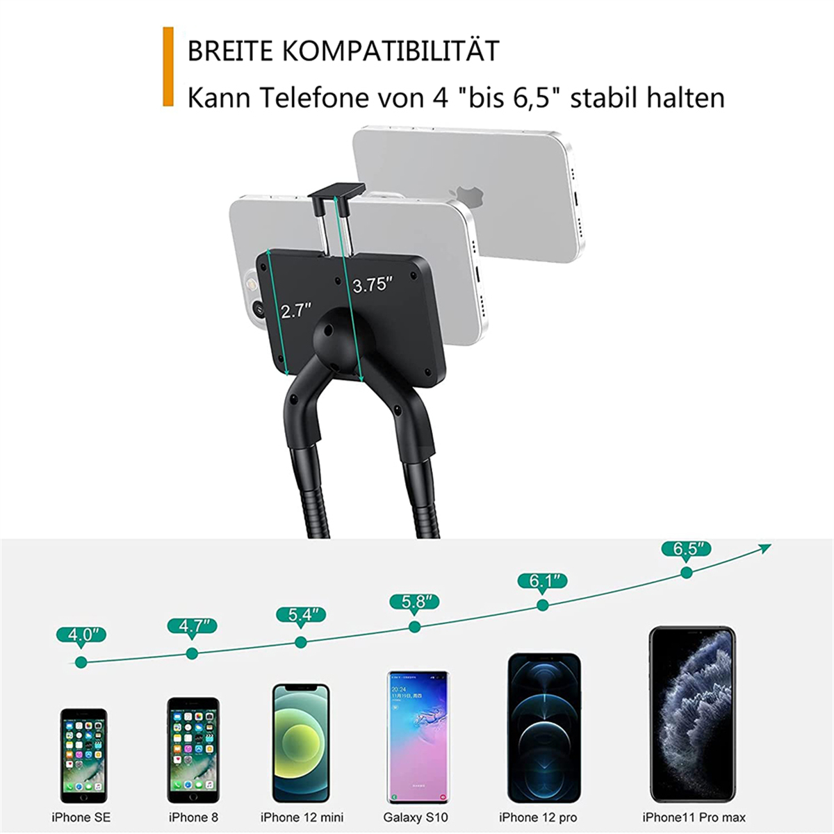 Ein Telefonhalter mit der Fähigkeit, verschiedene Telefongrößen zu halten, mit Größentabelle.