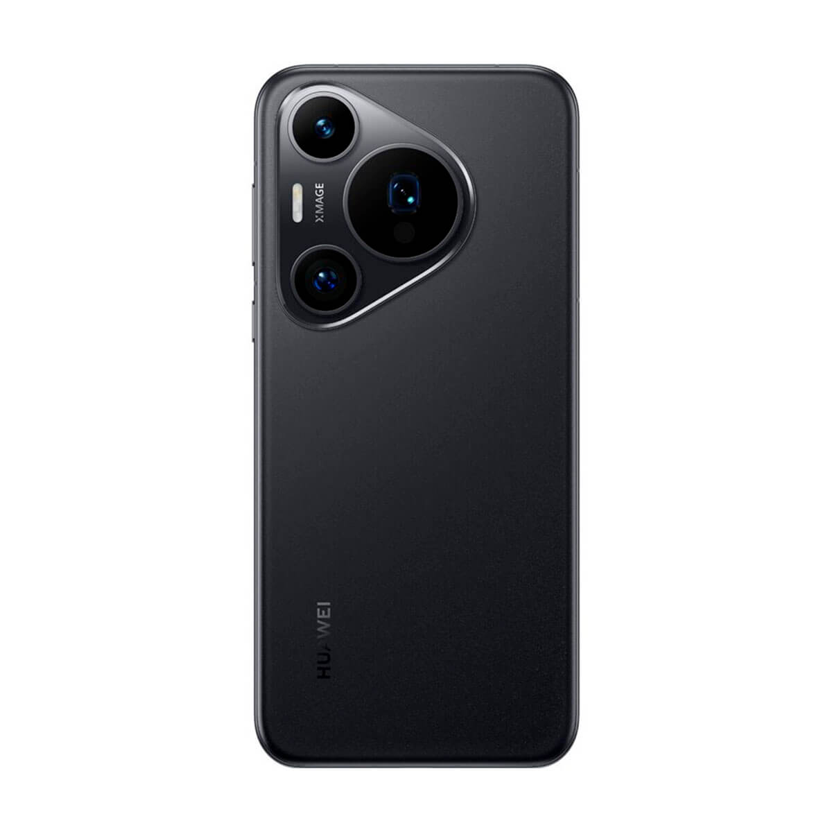 Telefono nero, vista posteriore. Ha tre obiettivi circolari e il logo Huawei in basso.