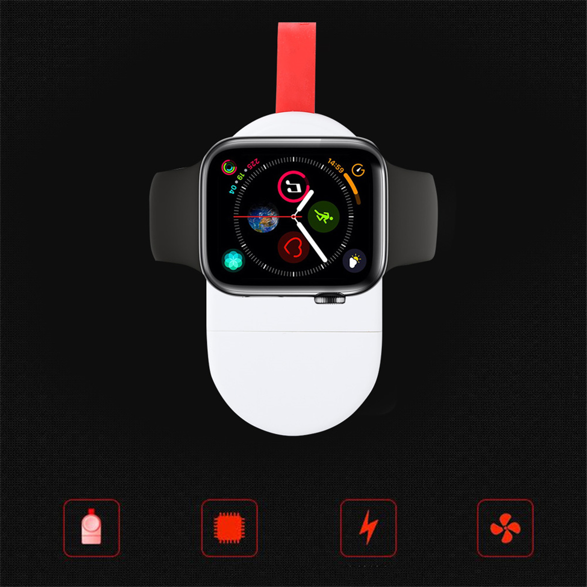 Eine Smartwatch auf einer weißen Ladestation. Das Zifferblatt zeigt Zeit, Aktivität und einen Kalender an. Funktionen werden unten gezeigt.