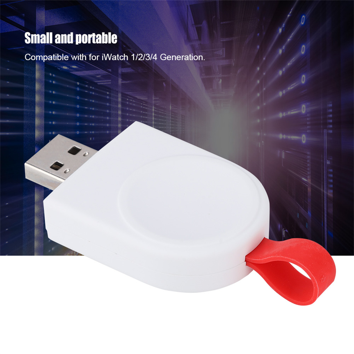 Weißes Uhrenladegerät mit roter Schlaufe, USB-Anschluss. Hintergrund ist verschwommenes Rechenzentrum.