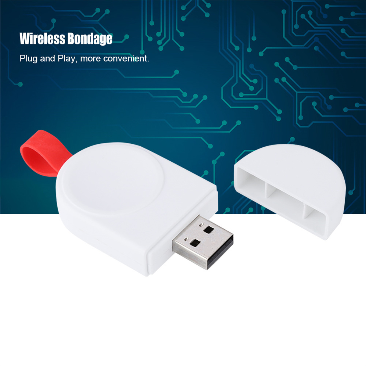 Weißes USB-Gadget mit roter Schlaufe, offenem Deckel und USB-Anschluss, mit blauem Schaltungs-Hintergrund.