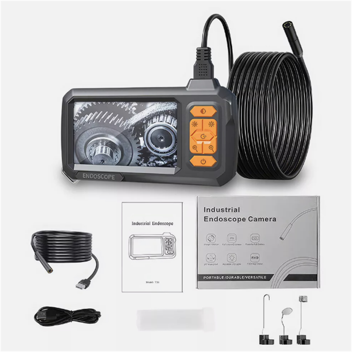 Endoskop-Kit mit Bildschirm, Kabeln und Zubehör. Der Bildschirm zeigt Zahnräder.
