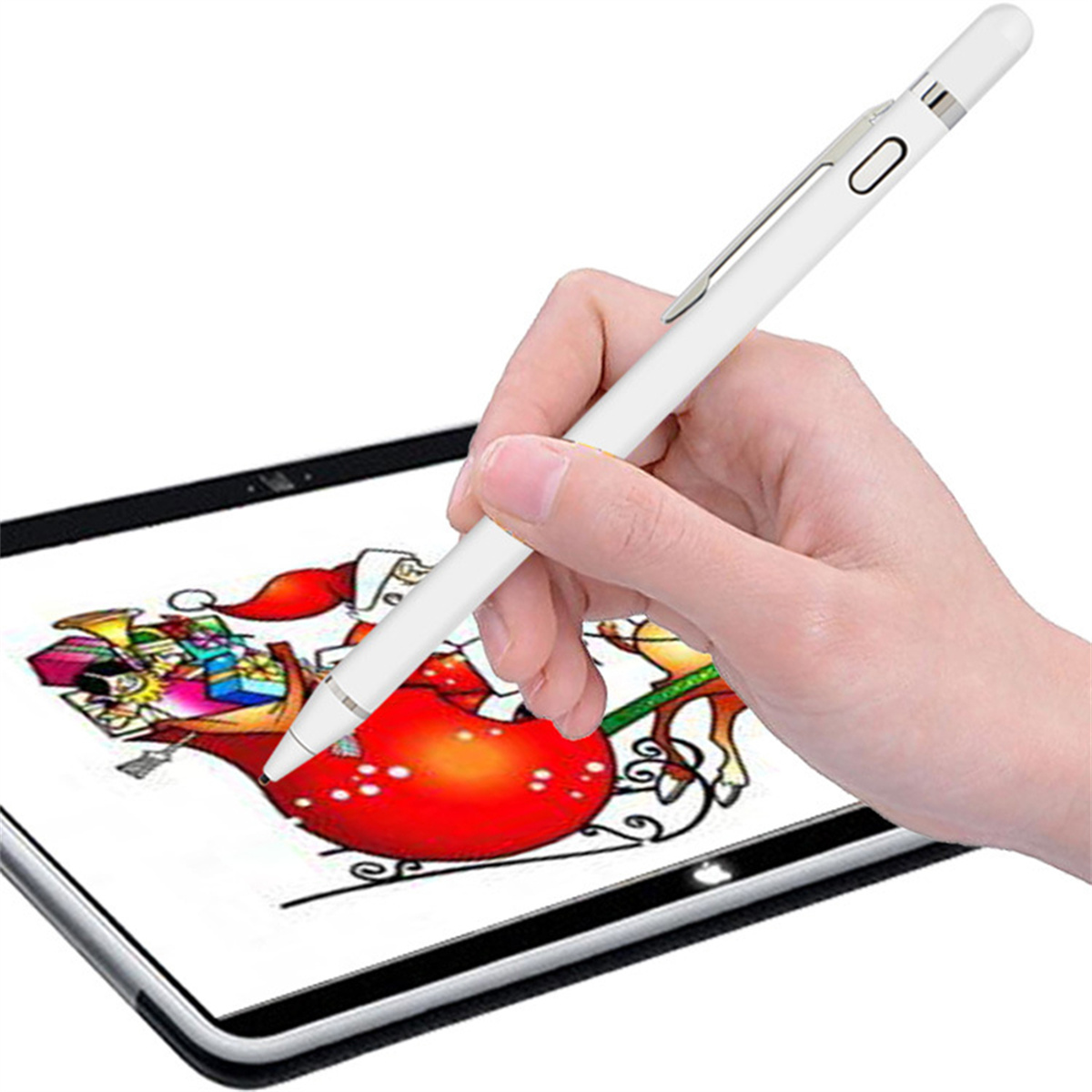 Eine Hand, die einen weißen Stift über einem Tablet hält, das eine Zeichnung zeigt.