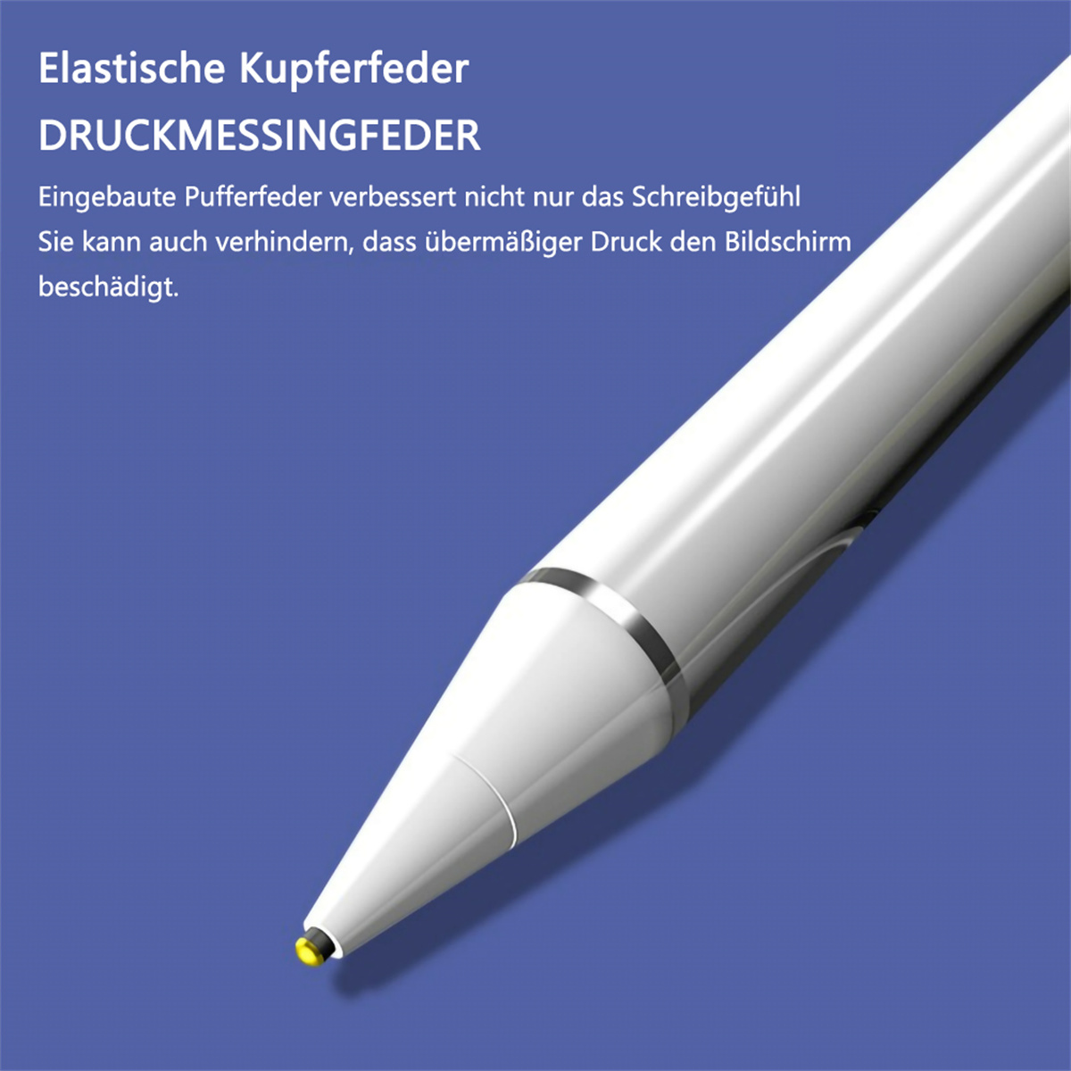 Weißer Stylus-Stift mit gelber Spitze. Der Stift liegt auf blauer Oberfläche mit Text über Merkmale.