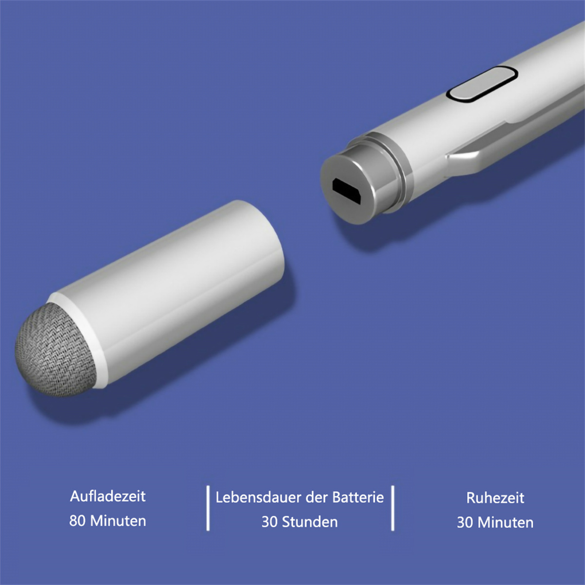 Ein weißer Stift mit Spitze und Ladeanschluss. Text zeigt: Aufladezeit 80 Minuten, und Lebensdauer der Batterie 30 Stunden.