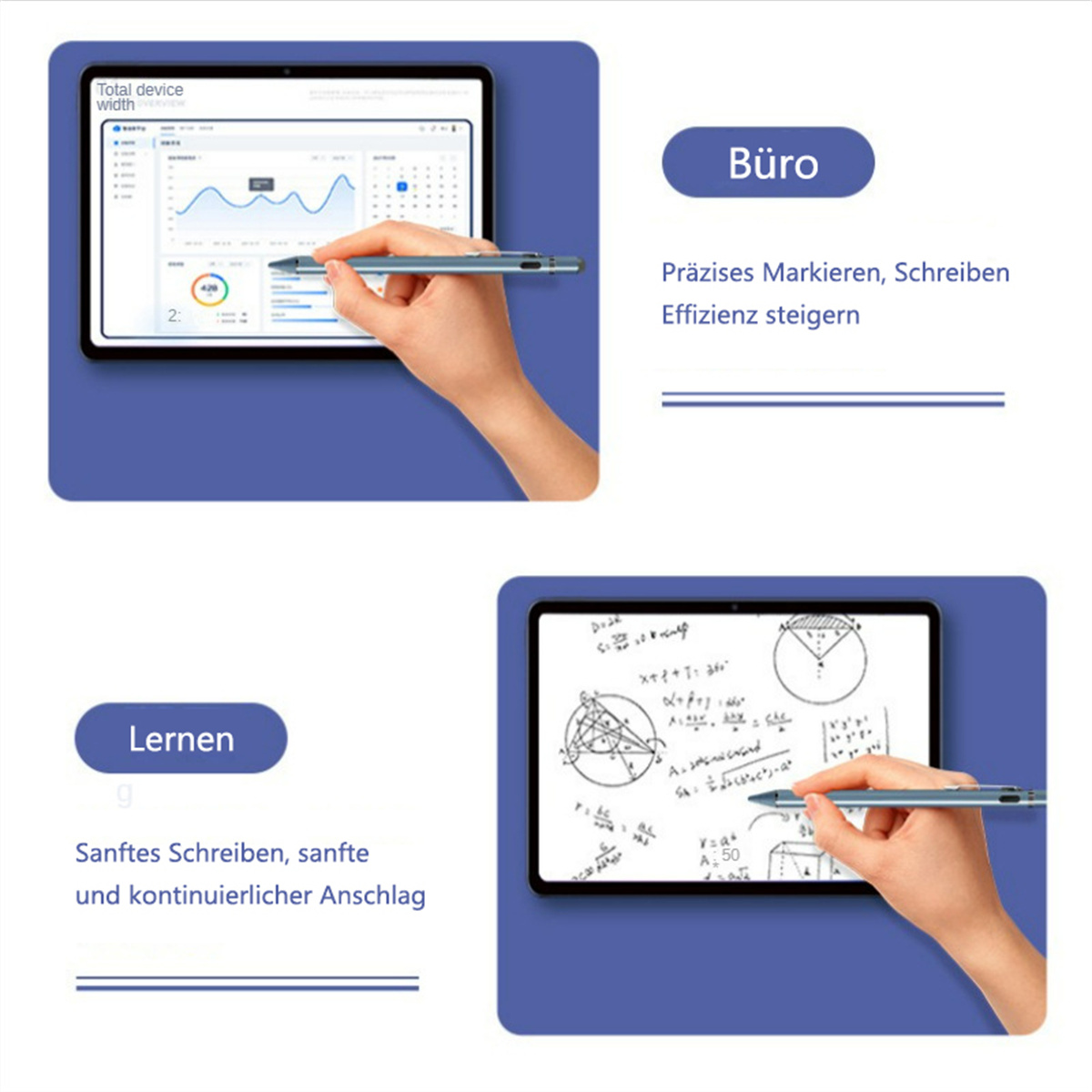 Hände, die einen Stift auf einem Tablet verwenden. Text: Büro (Büro), Lernen (Lernen).