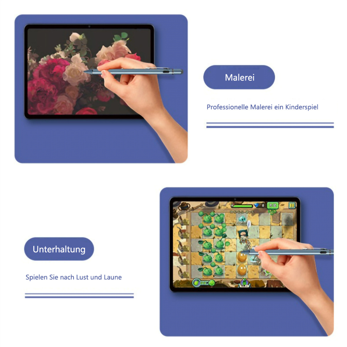 Tablet mit Stift, zeigt Mal- und Spielszenen, auf blauem Hintergrund mit deutschem Text.