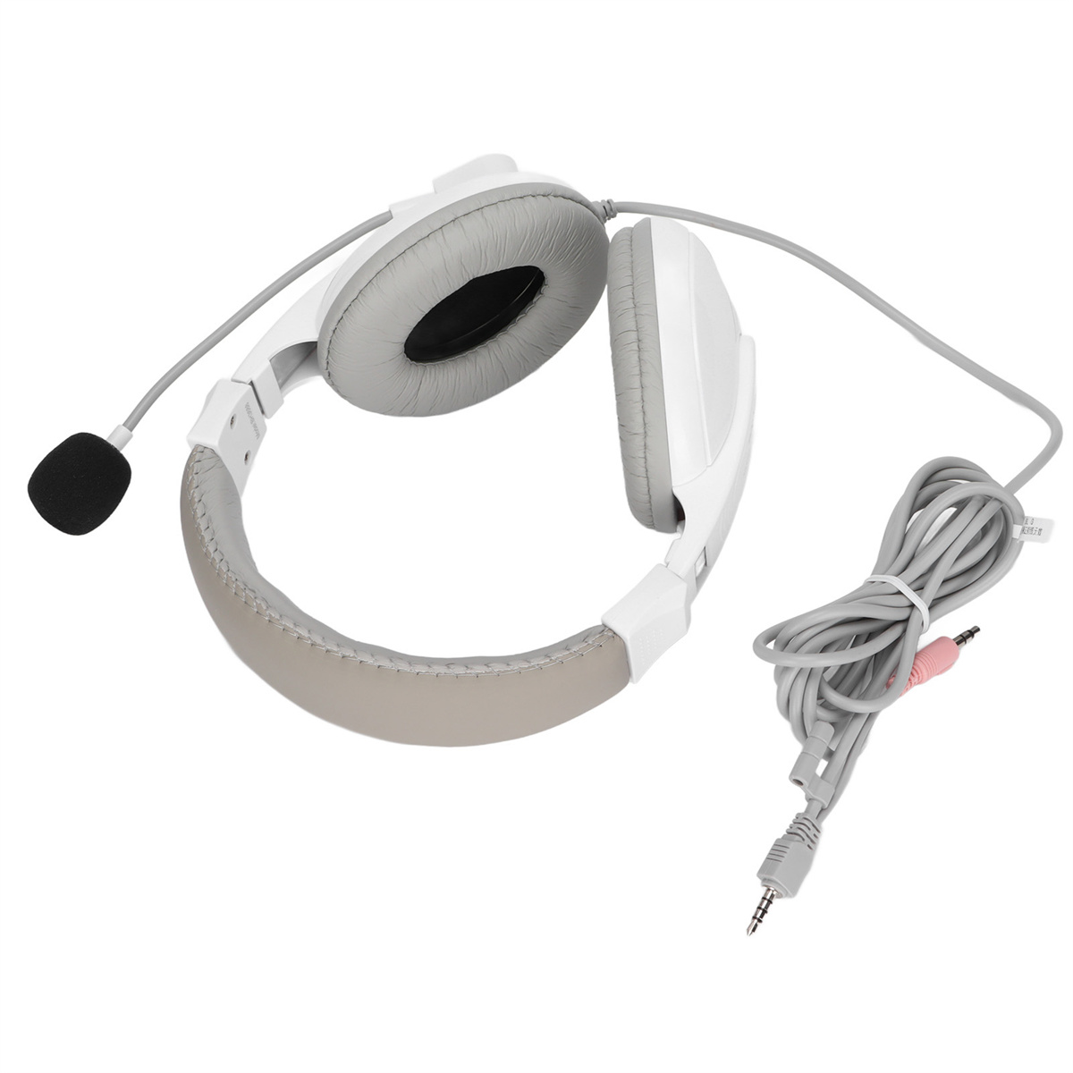 Weiße Kopfhörer mit Mikrofon, grauen Ohrmuscheln und einem grauen Kabel mit zwei Steckern.